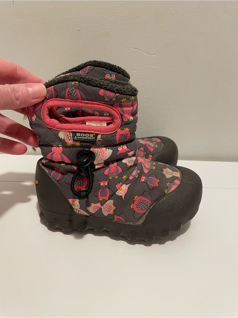 Bogs Brand Baby B-Moc Puff Owl Winter Waterproof Boots size 7 Pink Pull On Style